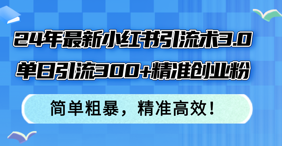 24年最新小红书引流术3.0，单日引流300+精准创业粉，简单粗暴，精准高效！-网创资源