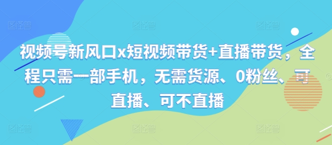 视频号新风口x短视频带货+直播带货，全程只需一部手机，无需货源、0粉丝、可直播、可不直播-网创资源