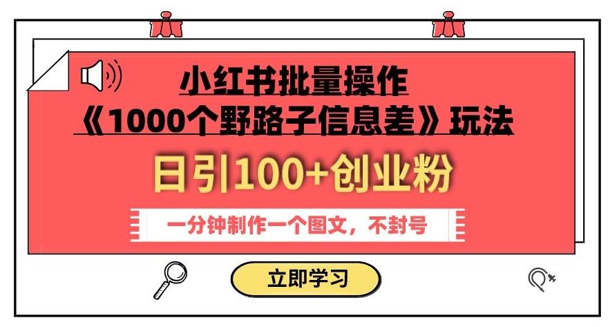 小红书批量操作《1000个野路子信息差》玩法，一分钟制作一个图文，不封号，日引100+创业粉-网创资源