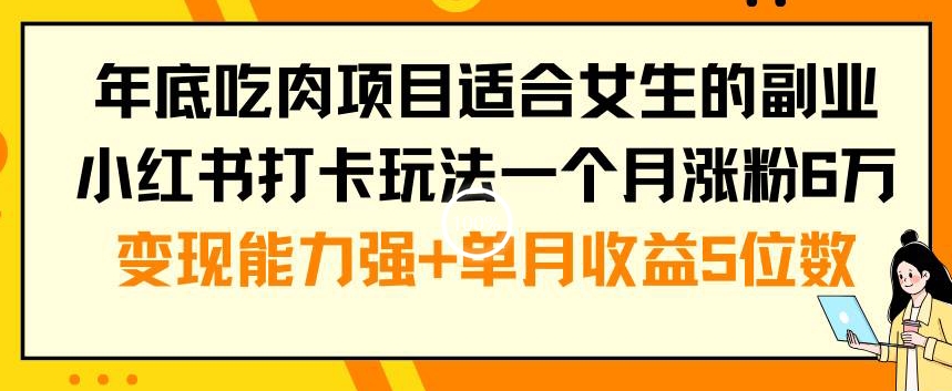 年底吃肉项目适合女生的副业小红书打卡玩法一个月涨粉6万+变现能力强+单月收益5位数【揭秘】-网创资源