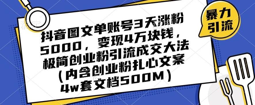抖音图文单账号3天涨粉5000，变现4万块钱，极简创业粉引流成交大法-网创资源