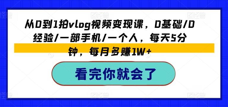 从0到1拍vlog视频变现课，0基础/0经验/一部手机/一个人，每天5分钟，每月多赚1W+-网创资源