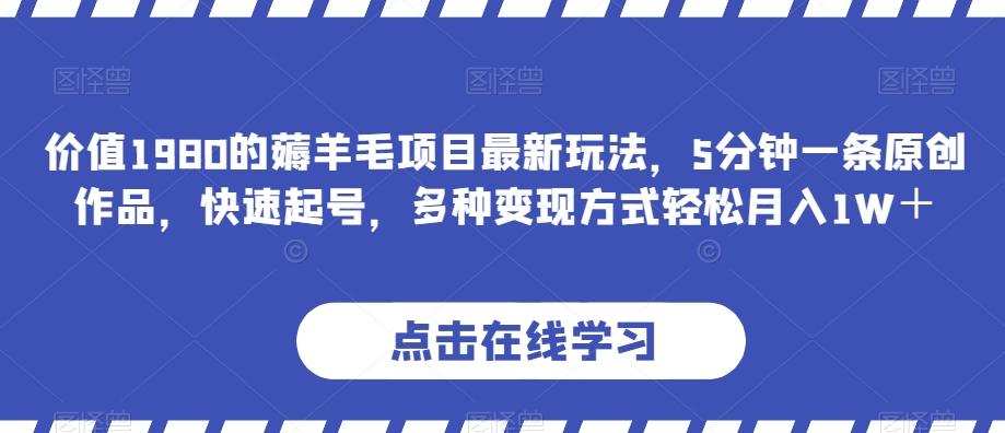 价值1980的薅羊毛项目最新玩法，5分钟一条原创作品，快速起号，多种变现方式轻松月入1W＋【揭秘】-网创资源