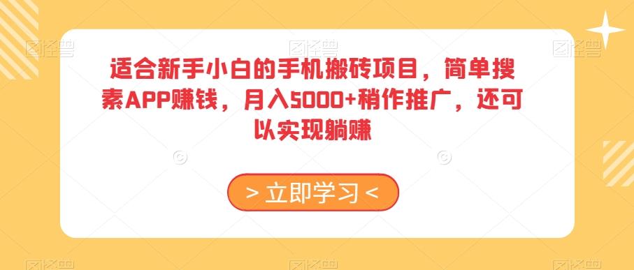适合新手小白的手机搬砖项目，简单搜素APP赚钱，月入5000+稍作推广，还可以实现躺赚【揭秘】-网创资源