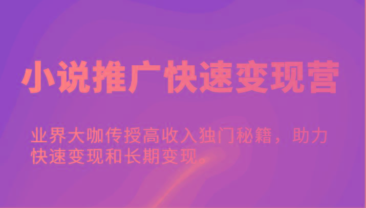 小说推广快速变现营-业界大咖传授高收入独门秘籍，助力快速变现和长期变现。-网创资源