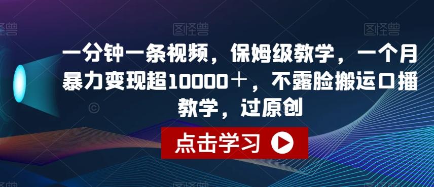 一分钟一条视频，保姆级教学，一个月暴力变现超10000＋，不露脸搬运口播教学，过原创-网创资源