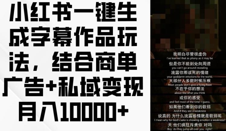 小红书一键生成字幕作品玩法，结合商单广告+私域变现月入1w+【揭秘】-网创资源
