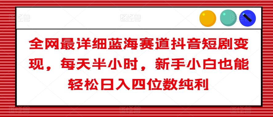 全网最详细蓝海赛道抖音短剧变现，每天半小时，新手小白也能轻松日入四位数纯利【揭秘】-网创资源