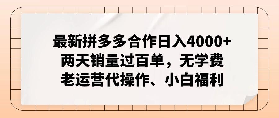 最新拼多多合作日入4000+两天销量过百单，无学费、老运营代操作、小白福利-网创资源