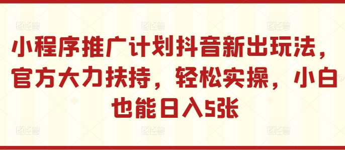 小程序推广计划抖音新出玩法，官方大力扶持，轻松实操，小白也能日入5张【揭秘】-网创资源